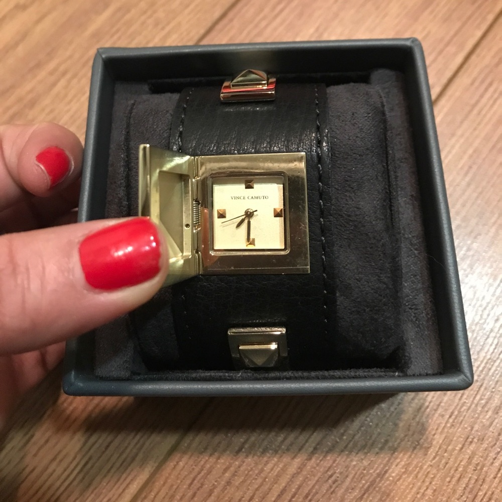 Vince Camuto black leather watch bracelet